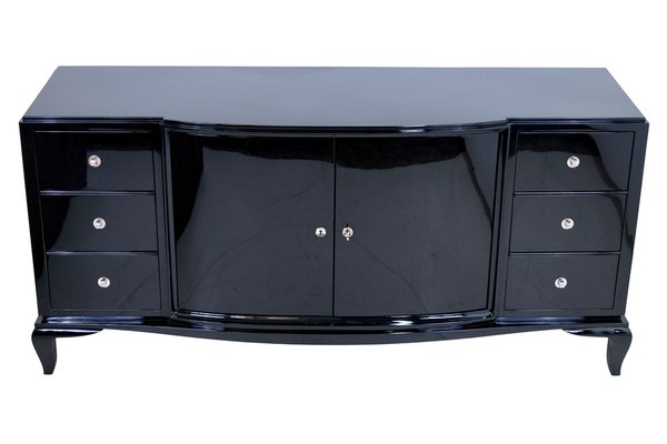 French Art Deco Sideboard in Black Piano Lacquer with Drawers and Doors, 1930s-1940s-CXC-1749519