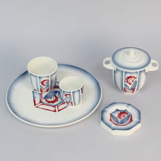 French Art Deco Smoker Set in Dijon Sarreguemines Ceramics, Set of 5