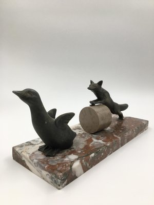 French Art Deco Spelter on Marble Sculpture of Fox Hunting Goose in the style of Irénée Rochard, 1920s-SAK-1797341