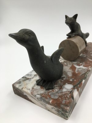 French Art Deco Spelter on Marble Sculpture of Fox Hunting Goose in the style of Irénée Rochard, 1920s-SAK-1797341