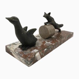 French Art Deco Spelter on Marble Sculpture of Fox Hunting Goose in the style of Irénée Rochard, 1920s-SAK-1797341