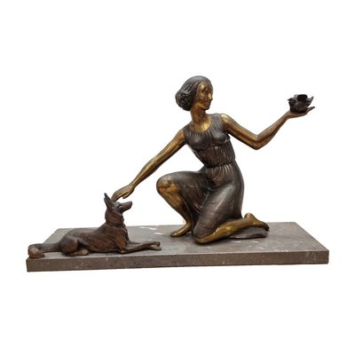 French Art Deco Statue of a Lady with Dog, 1930s-VHW-2034465