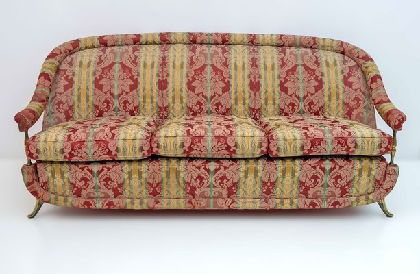 French Art Deco Style Brass and Fabric Sofa, 1950s-FER-1749946