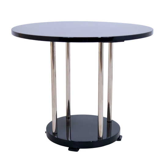 French Art Deco Style Side Table in Black Piano Lacquer with Chromed Tubes, 1940s