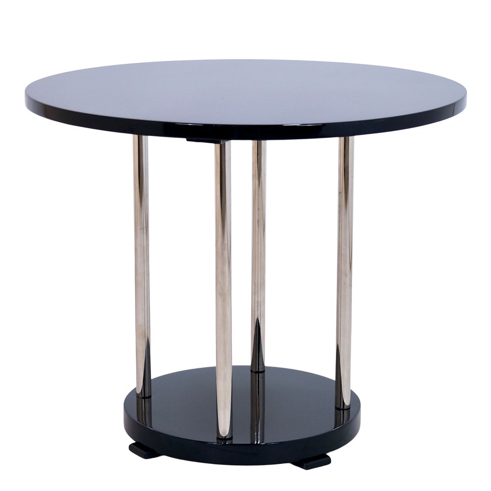 French Art Deco Style Side Table in Black Piano Lacquer with Chromed Tubes, 1940s