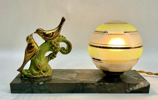 French Art Deco Table Lamp with Stylized Spelter Representation of Birds, 1935-MJY-1743407