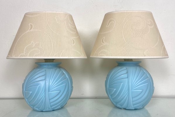 French Art Deco Table Lamps with Geometric Pattern in Etched Pressed Glass, 1930s, Set of 2-WZZ-1193863