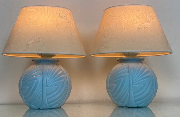 French Art Deco Table Lamps with Geometric Pattern in Etched Pressed Glass, 1930s, Set of 2-WZZ-1193863