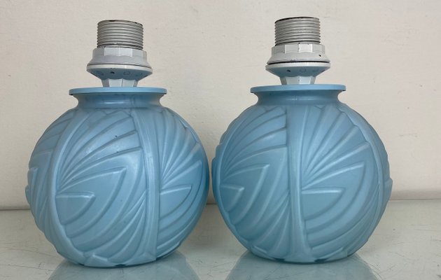 French Art Deco Table Lamps with Geometric Pattern in Etched Pressed Glass, 1930s, Set of 2-WZZ-1193863