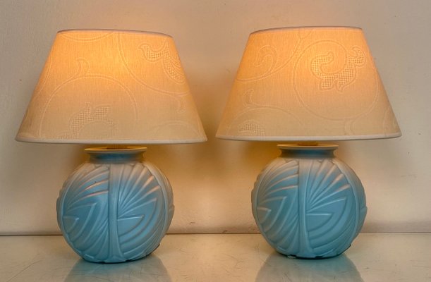 French Art Deco Table Lamps with Geometric Pattern in Etched Pressed Glass, 1930s, Set of 2-WZZ-1193863