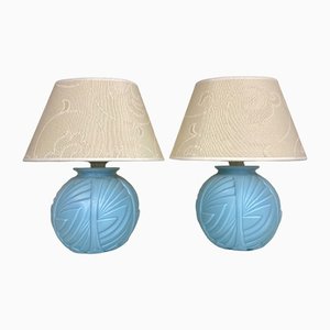 French Art Deco Table Lamps with Geometric Pattern in Etched Pressed Glass, 1930s, Set of 2-WZZ-1193863