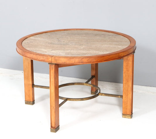 French Art Deco Walnut Coffee Table with Travertine Top, 1940s