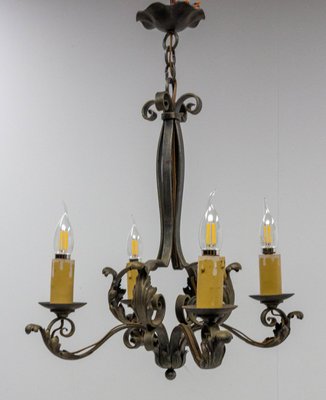 French Art Deco Wrought Iron Acanthus Leaf Chandelier, 1930s-RIU-1142251