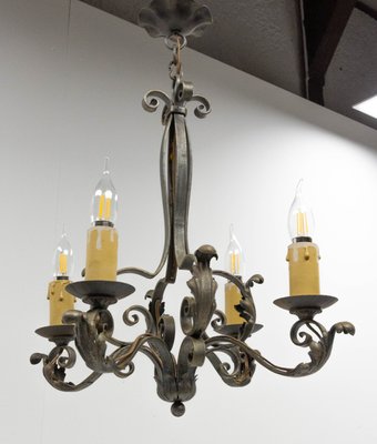 French Art Deco Wrought Iron Acanthus Leaf Chandelier, 1930s-RIU-1142251