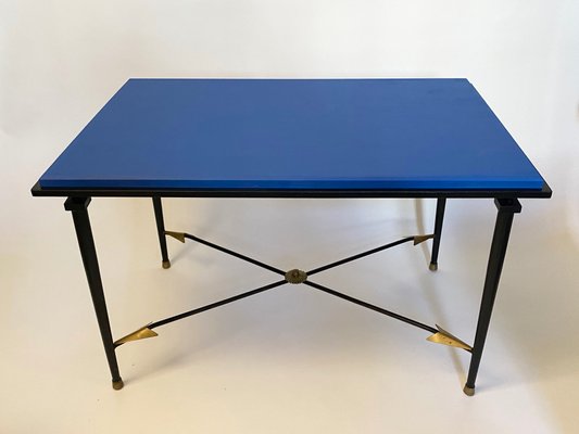 French Art Deco Wrought Iron & Brass Side Table with Arrows in the Style of André Arbus, 1940s