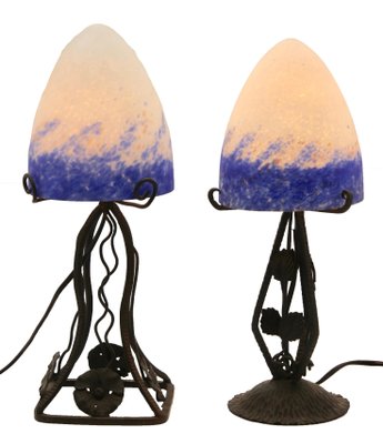 French Art Deco Wrought Iron Lamps with Glass Shades, Set of 2-MJY-1375337