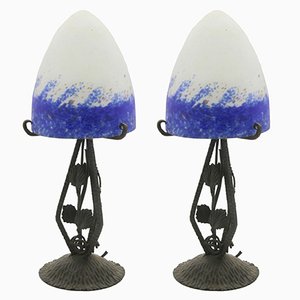 French Art Deco Wrought Iron Lamps with Glass Shades, Set of 2-MJY-1375337