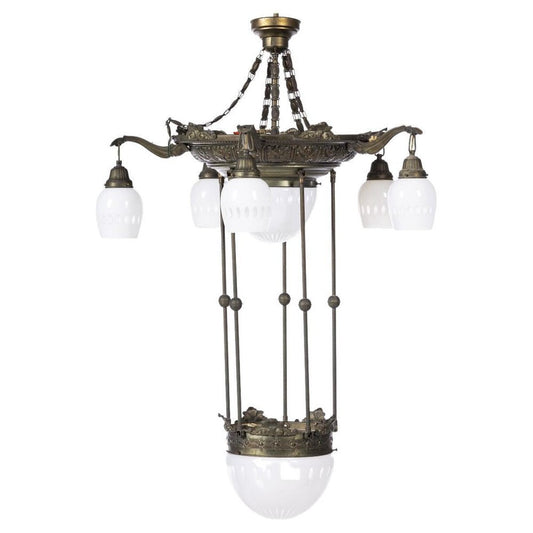 French Art Nouveau 6-Light Ceiling Lamp in Bronze, 19th Century