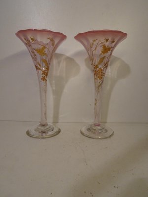 French Art Nouveau Gold Enameled Art Glass Trumpet Vases, Set of 2-AWL-1317128