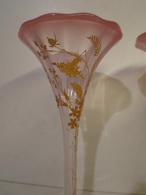 French Art Nouveau Gold Enameled Art Glass Trumpet Vases, Set of 2-AWL-1317128