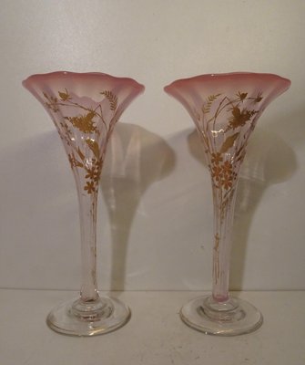 French Art Nouveau Gold Enameled Art Glass Trumpet Vases, Set of 2-AWL-1317128