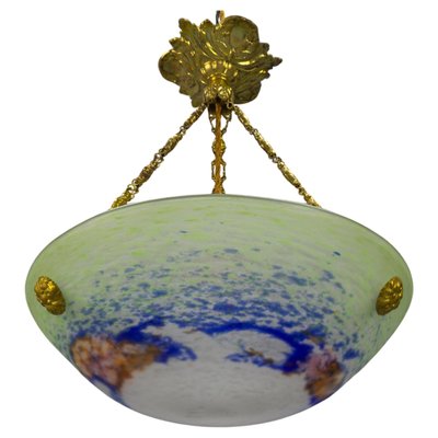 French Art Nouveau Green, Blue and White Glass and Brass Pendant Light, 1920s-KEG-1705456