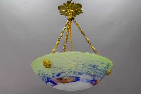 French Art Nouveau Green, Blue and White Glass and Brass Pendant Light, 1920s-KEG-1705456