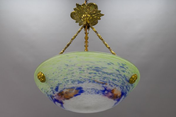 French Art Nouveau Green, Blue and White Glass and Brass Pendant Light, 1920s-KEG-1705456