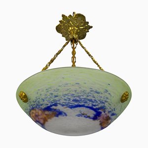 French Art Nouveau Green, Blue and White Glass and Brass Pendant Light, 1920s-KEG-1705456