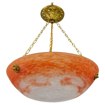 French Art Nouveau Orange and White Glass Pendant Light by Noverdy, 1920s-KEG-1706966