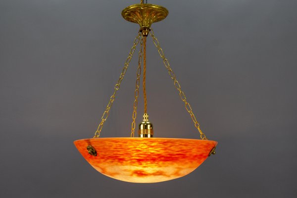 French Art Nouveau Orange and White Glass Pendant Light by Noverdy, 1920s-KEG-1706966