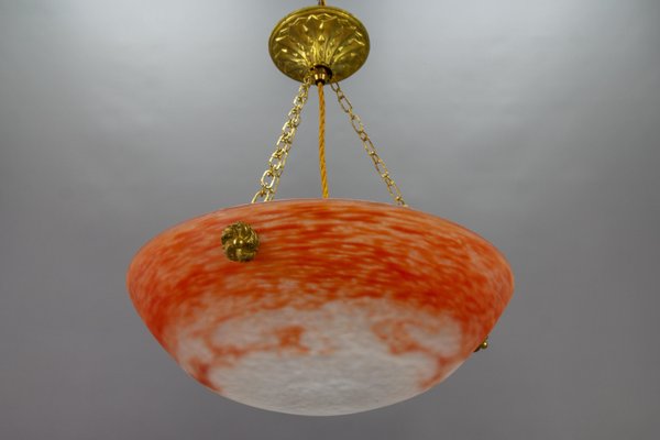 French Art Nouveau Orange and White Glass Pendant Light by Noverdy, 1920s-KEG-1706966