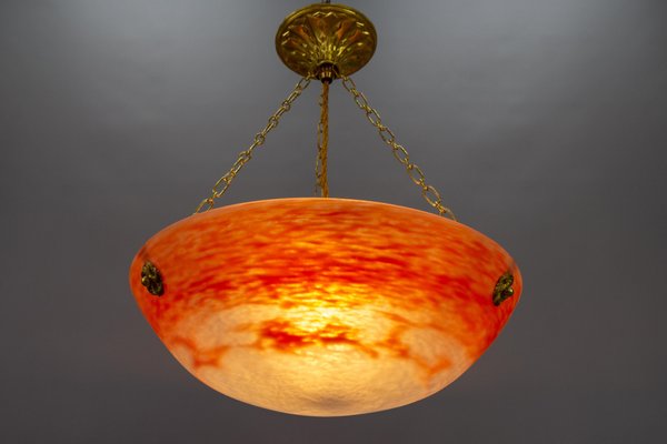 French Art Nouveau Orange and White Glass Pendant Light by Noverdy, 1920s-KEG-1706966