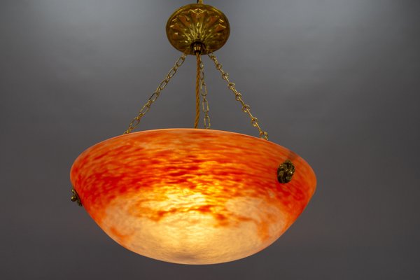 French Art Nouveau Orange and White Glass Pendant Light by Noverdy, 1920s-KEG-1706966