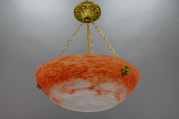 French Art Nouveau Orange and White Glass Pendant Light by Noverdy, 1920s-KEG-1706966