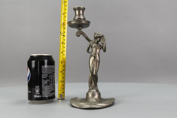 French Art Nouveau Pewter Candlestick with Lady Sculpture, 1920s-KEG-1770743