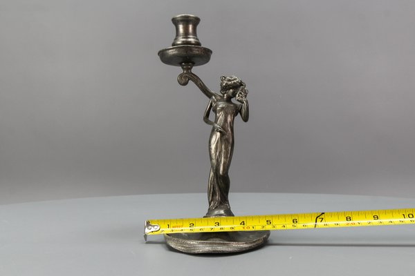 French Art Nouveau Pewter Candlestick with Lady Sculpture, 1920s-KEG-1770743