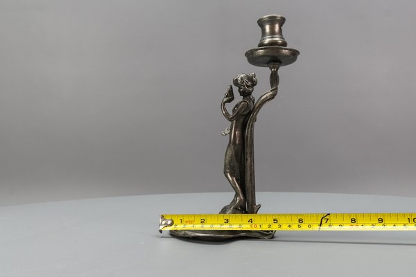 French Art Nouveau Pewter Candlestick with Lady Sculpture, 1920s-KEG-1770743