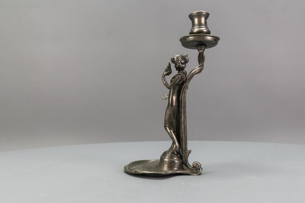 French Art Nouveau Pewter Candlestick with Lady Sculpture, 1920s-KEG-1770743