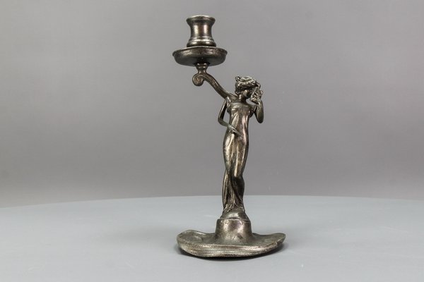 French Art Nouveau Pewter Candlestick with Lady Sculpture, 1920s-KEG-1770743