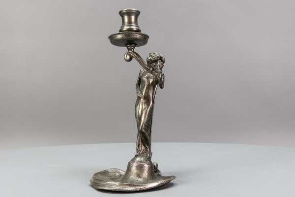 French Art Nouveau Pewter Candlestick with Lady Sculpture, 1920s-KEG-1770743