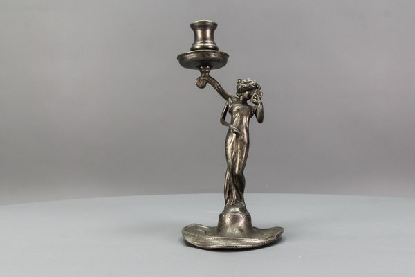 French Art Nouveau Pewter Candlestick with Lady Sculpture, 1920s-KEG-1770743