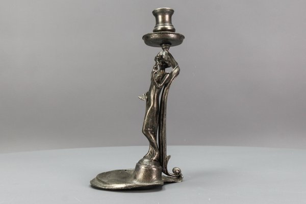 French Art Nouveau Pewter Candlestick with Lady Sculpture, 1920s-KEG-1770743