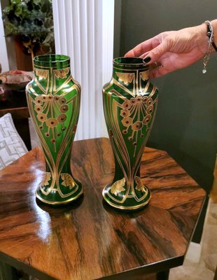 French Art Nouveau Vases in Blown Glass Decorated with Gold Enamel from Legras & Cie, Set of 2-QRS-1138514