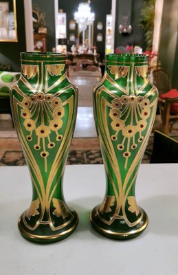 French Art Nouveau Vases in Blown Glass Decorated with Gold Enamel from Legras & Cie, Set of 2-QRS-1138514