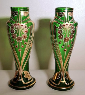 French Art Nouveau Vases in Blown Glass Decorated with Gold Enamel from Legras & Cie, Set of 2-QRS-1138514