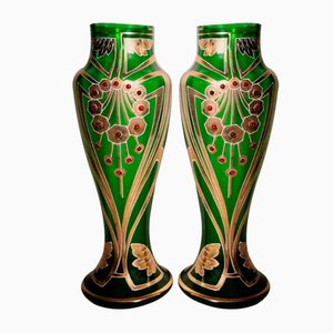 French Art Nouveau Vases in Blown Glass Decorated with Gold Enamel from Legras & Cie, Set of 2-QRS-1138514