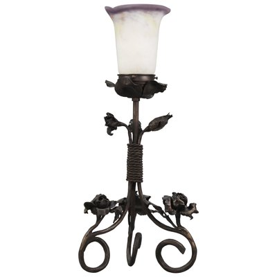 French Art Nouveau Wrought Iron & Pâte De Verre Glass Table Lamp with Roses, 1930s-KEG-1382538