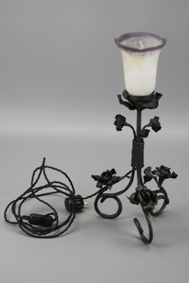 French Art Nouveau Wrought Iron & Pâte De Verre Glass Table Lamp with Roses, 1930s-KEG-1382538