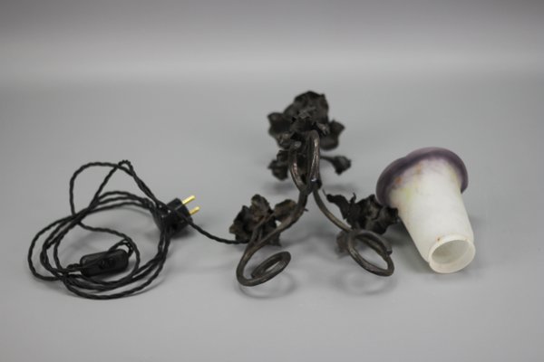 French Art Nouveau Wrought Iron & Pâte De Verre Glass Table Lamp with Roses, 1930s-KEG-1382538